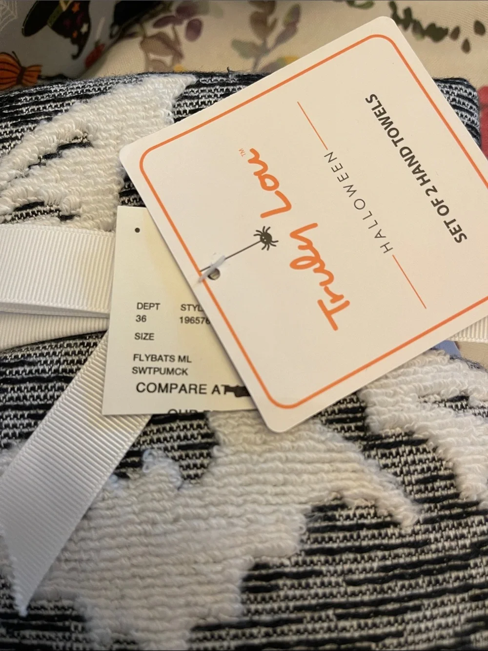 Truly Lou Black & White Halloween Bat Hand Towels - Set of 2